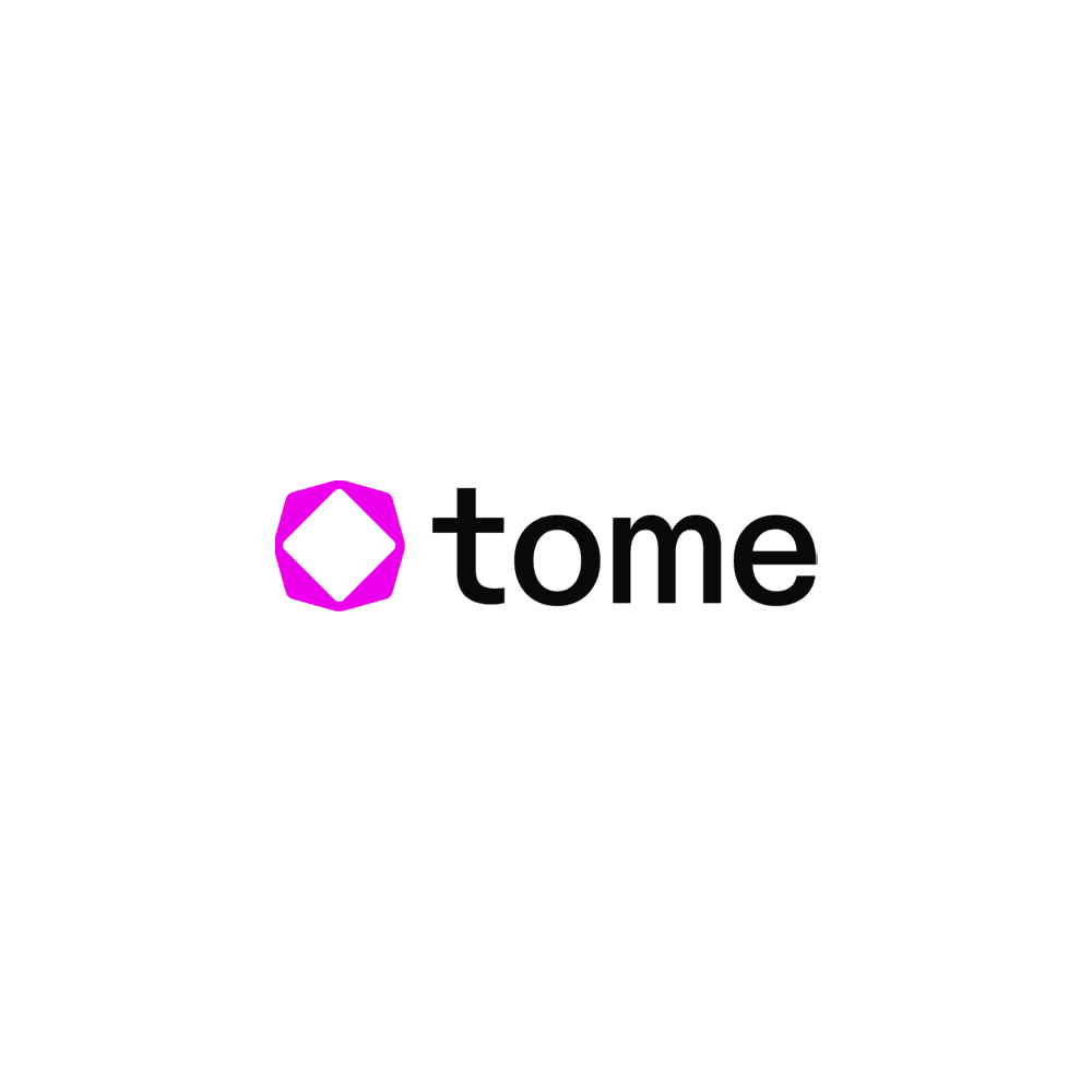 Tome logo - AI-powered storytelling tool", "Screenshot of Tome interface - user-friendly presentation tool", "Example of presentation created with Tome - showcasing the tool's versatility